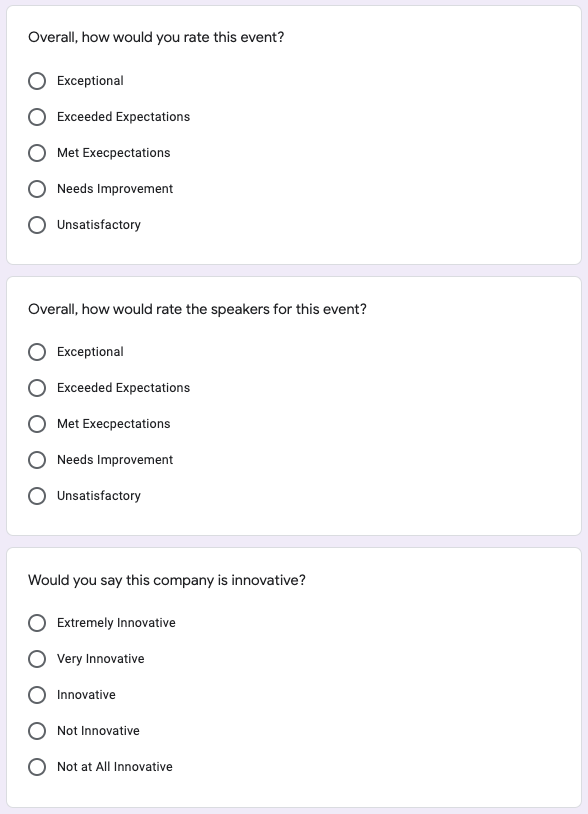 Survey questions one through three