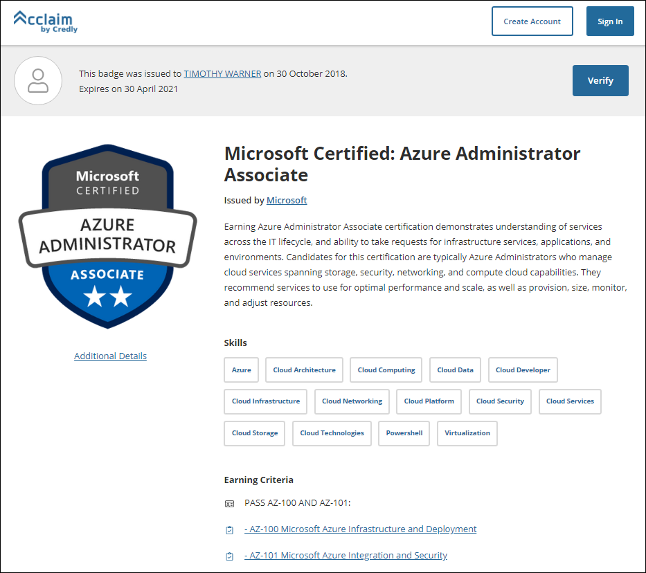 Microsoft Azure Administrator digital credential