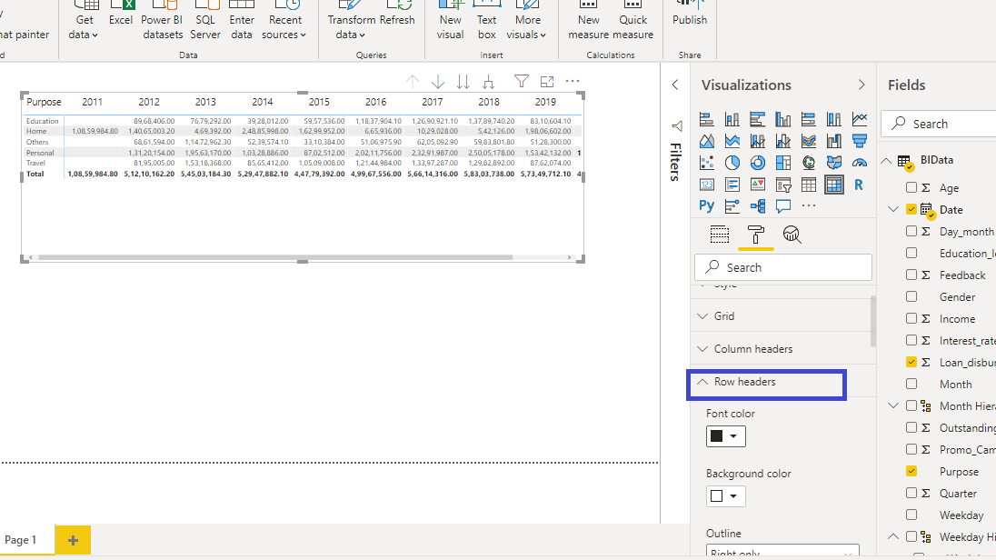 power bi show matrix in tabular format