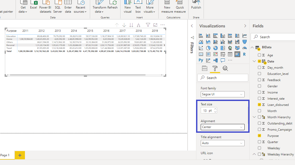 power bi show matrix in tabular format