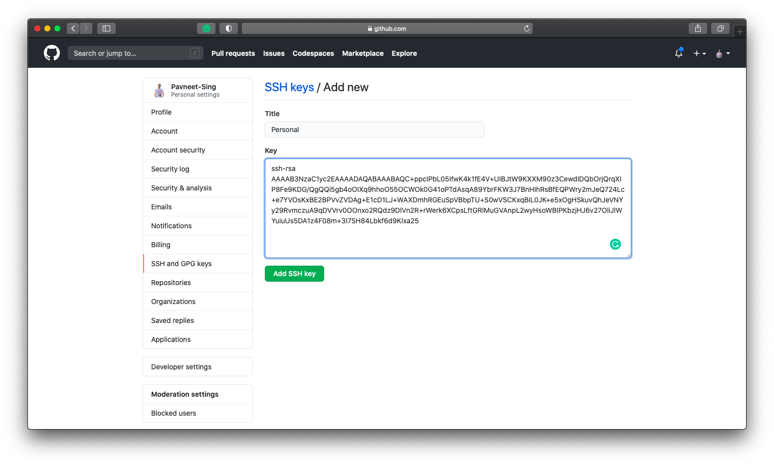 save ssh key to GitHub